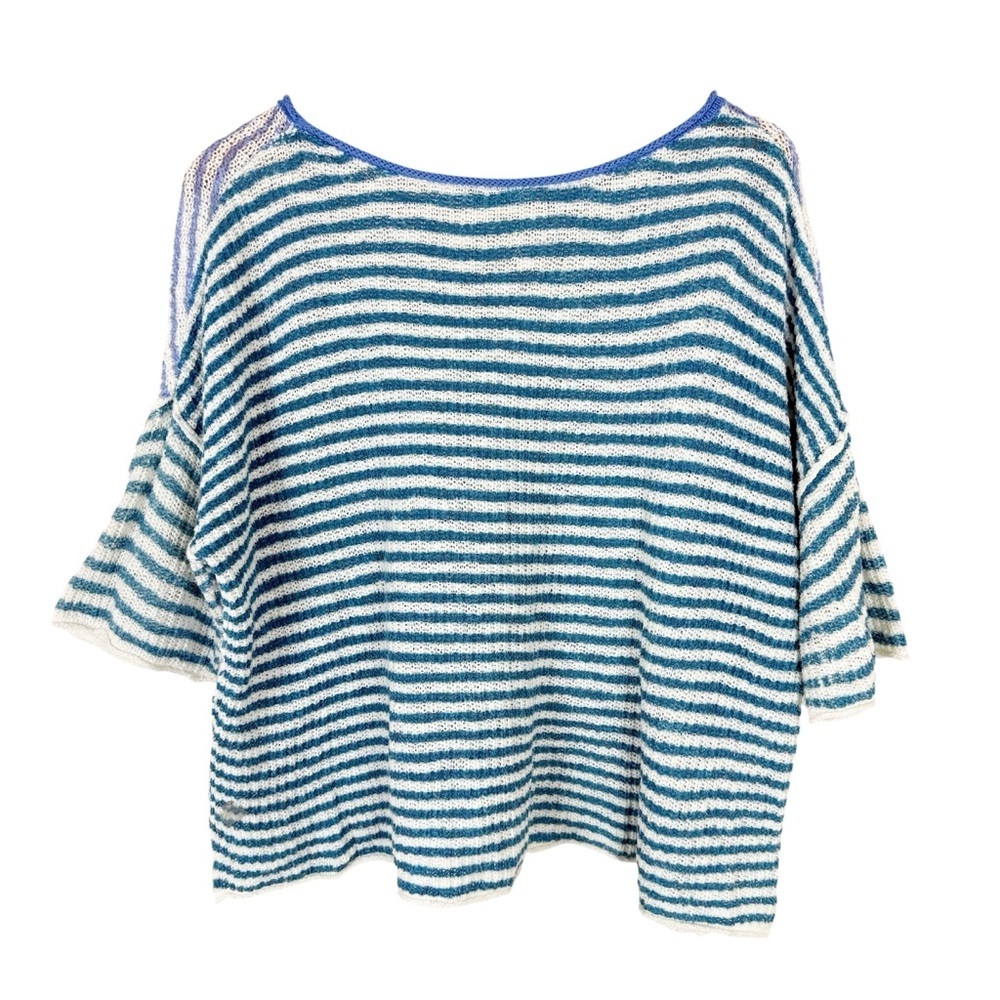 Sundance Journey Joy Open Knit Short-Sleeve Sweater Top Sky Stripe - Picture 2 of 9